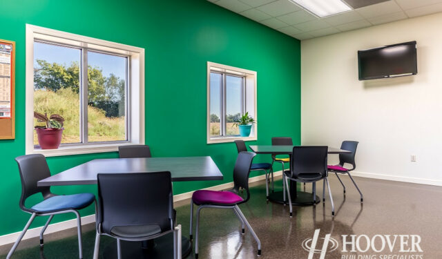 office break room with green painted wall