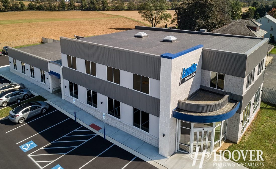 aerial view of two story commercial building