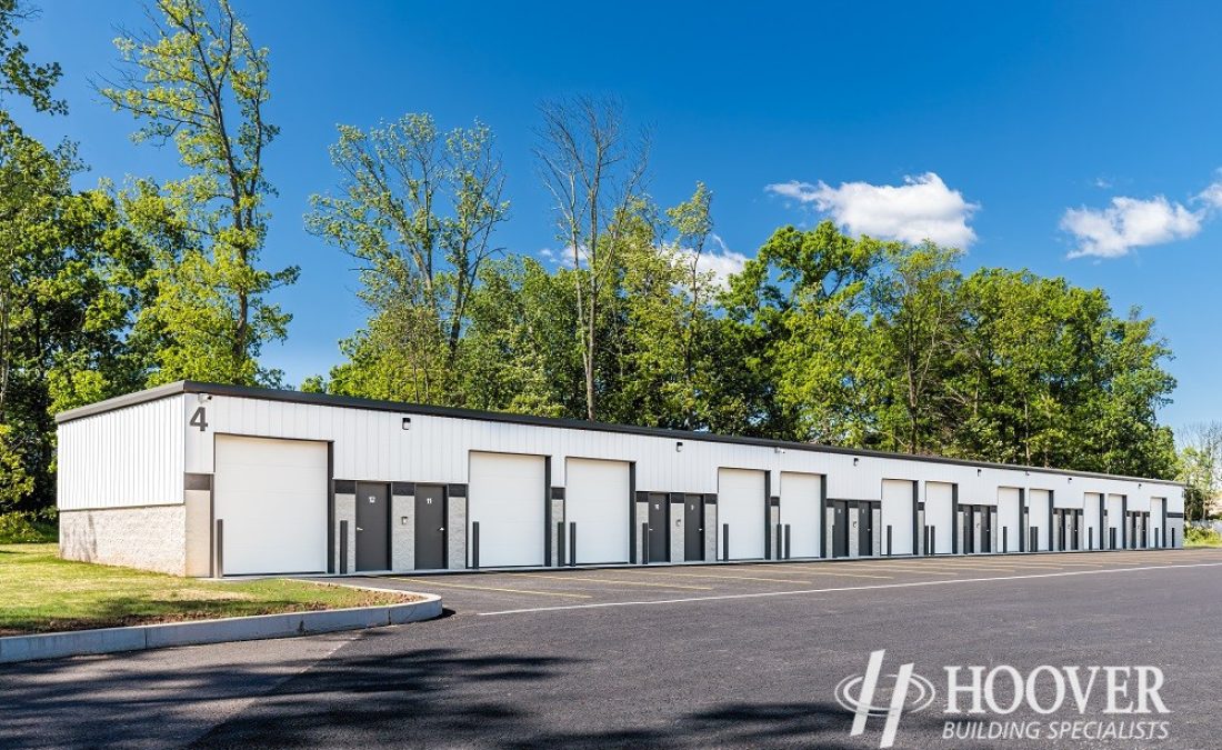 long steel building with storage/ garage doors