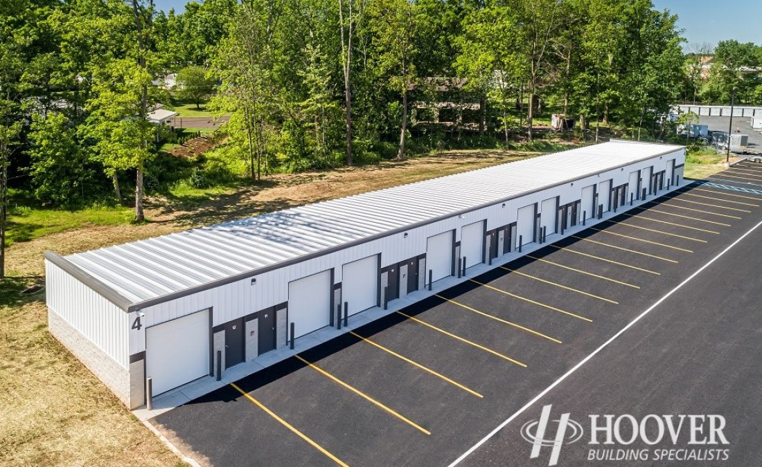 aerial shot of metal roofing on commercial steel building