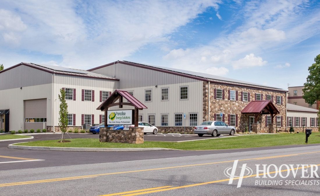 commercial building with red trim