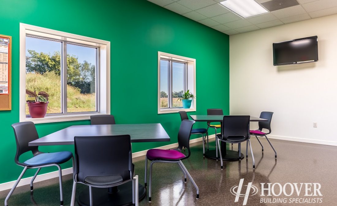 office break room with green painted wall