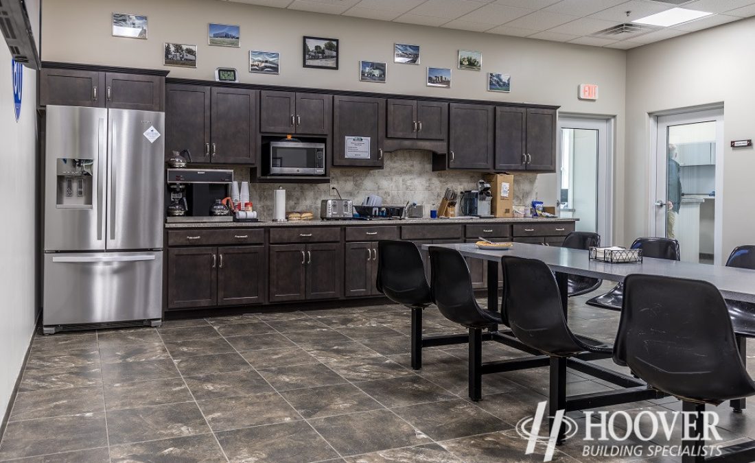 office breakroom with wood cabinets