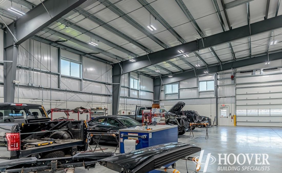 interior shot of body shop garage with steel beams